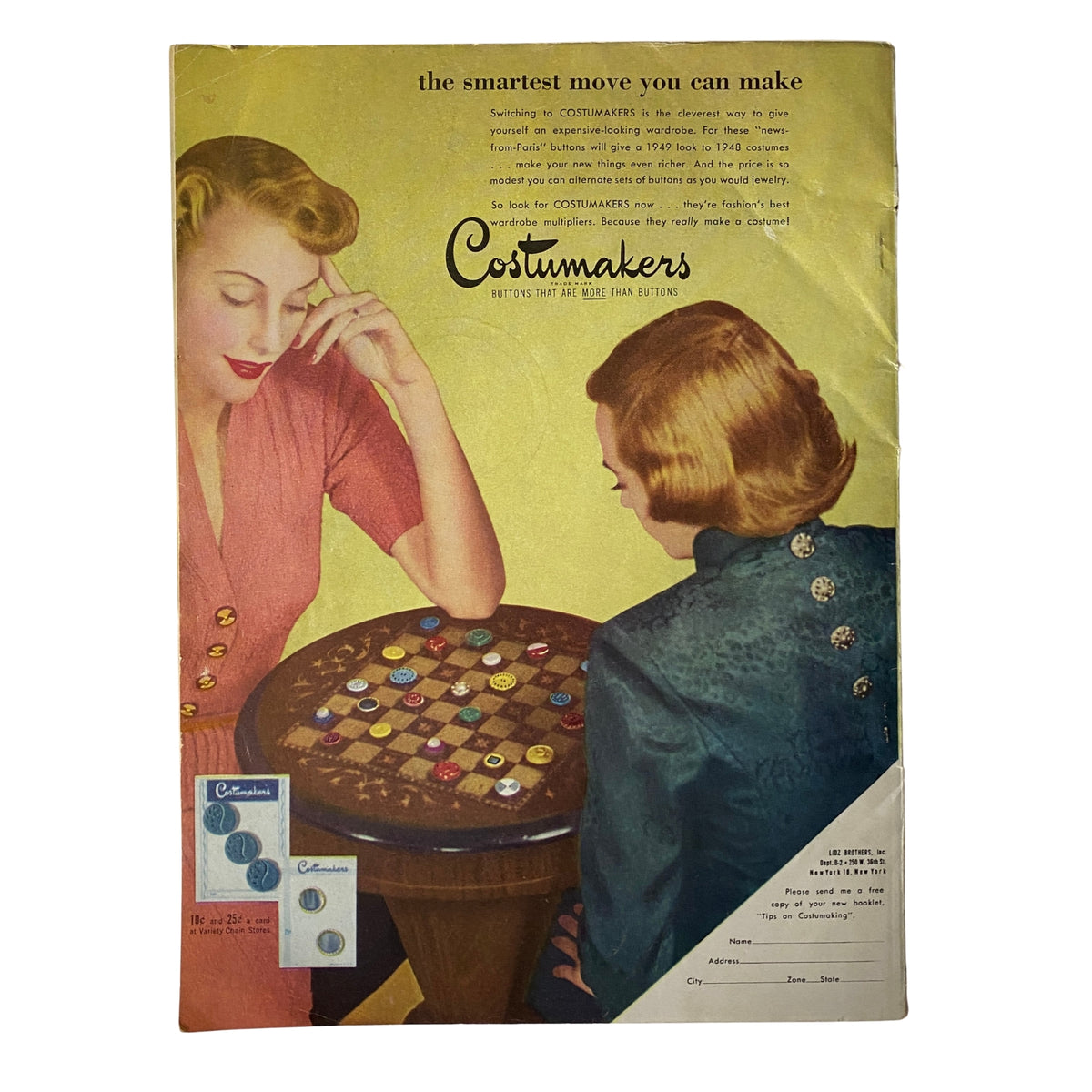 1949 Butterick Early Summer Pattern Book cover featuring two women engaged in a lively conversation over sewing buttons, representing vintage fashion culture from the 1940s.