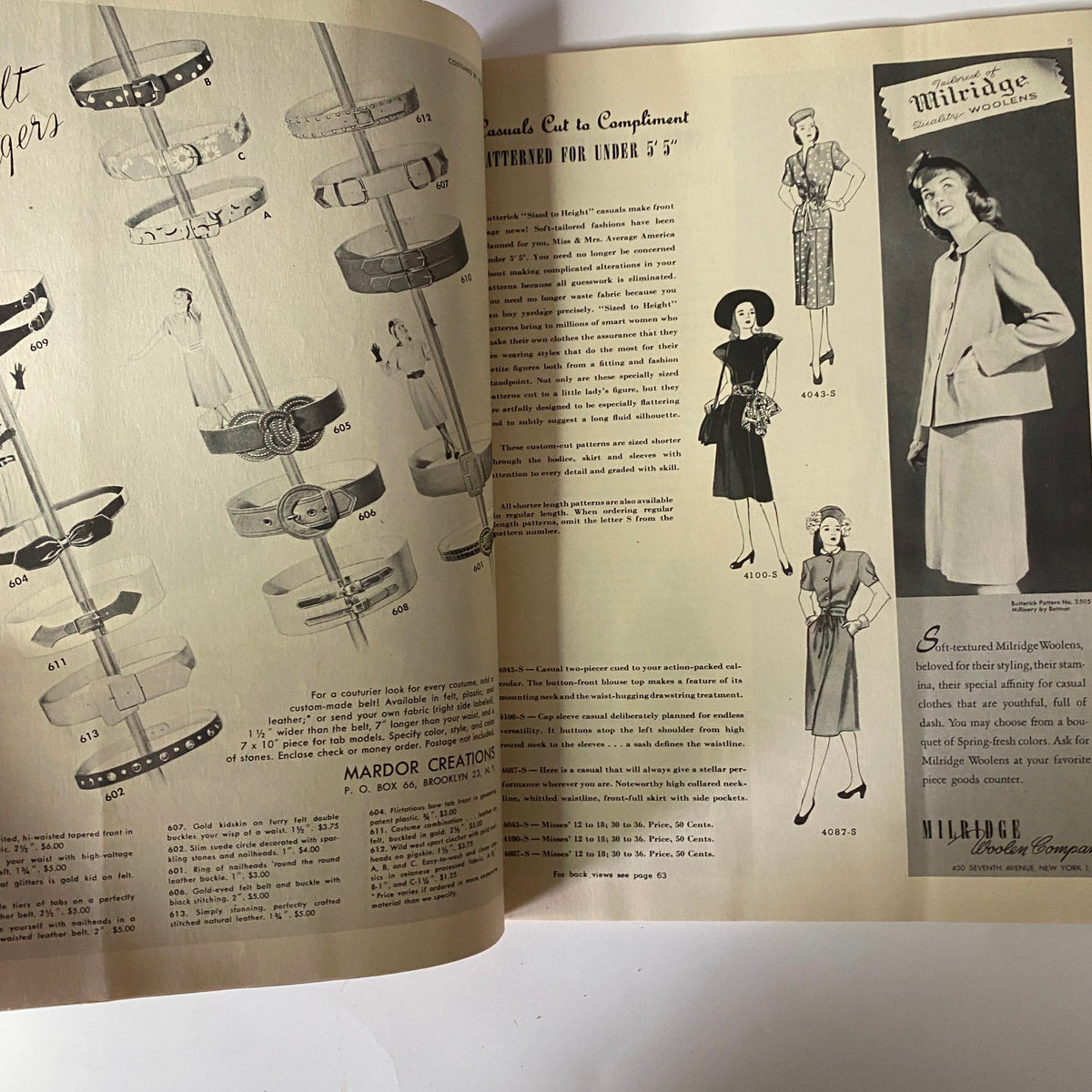 Interior page of the 1947 Butterick Spring Pattern Book Catalog showcasing Mardor Creations leather belts and Butterick patterns, highlighting styles for petite women.