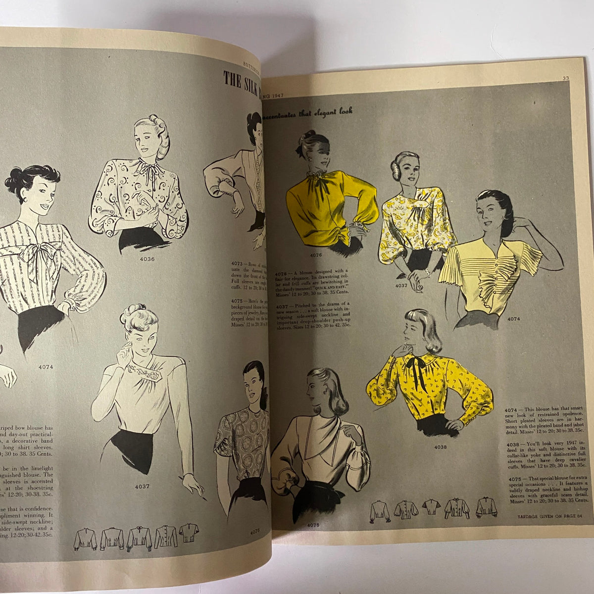 1947 Butterick Spring Pattern Book Catalog highlighting stylish blouses, including a range of fashionable designs with unique patterns suitable for petite women.
