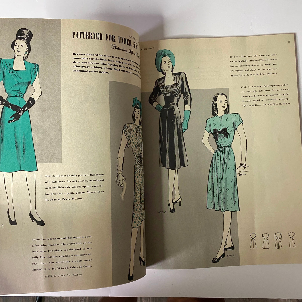 1947 Butterick Spring Pattern Book Catalog displaying elegant evening and formal outfits, emphasizing sophisticated styles tailored for petite figures.