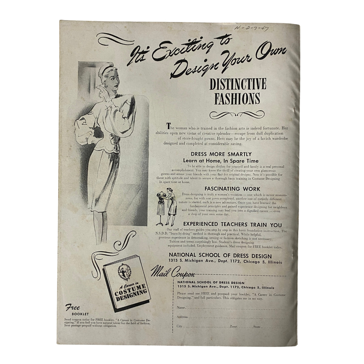Cover page of the 1947 Butterick Spring Pattern Book Catalog, featuring an advertisement for the National School of Dress Design, promoting fashion design and tailoring education.