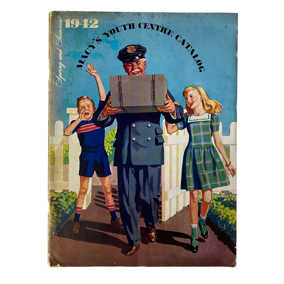 Cover of the 1942 Macy's Youth Centre Spring and Summer Catalog featuring a cheerful scene with a postal worker delivering packages to two children, capturing the spirit of wartime America.