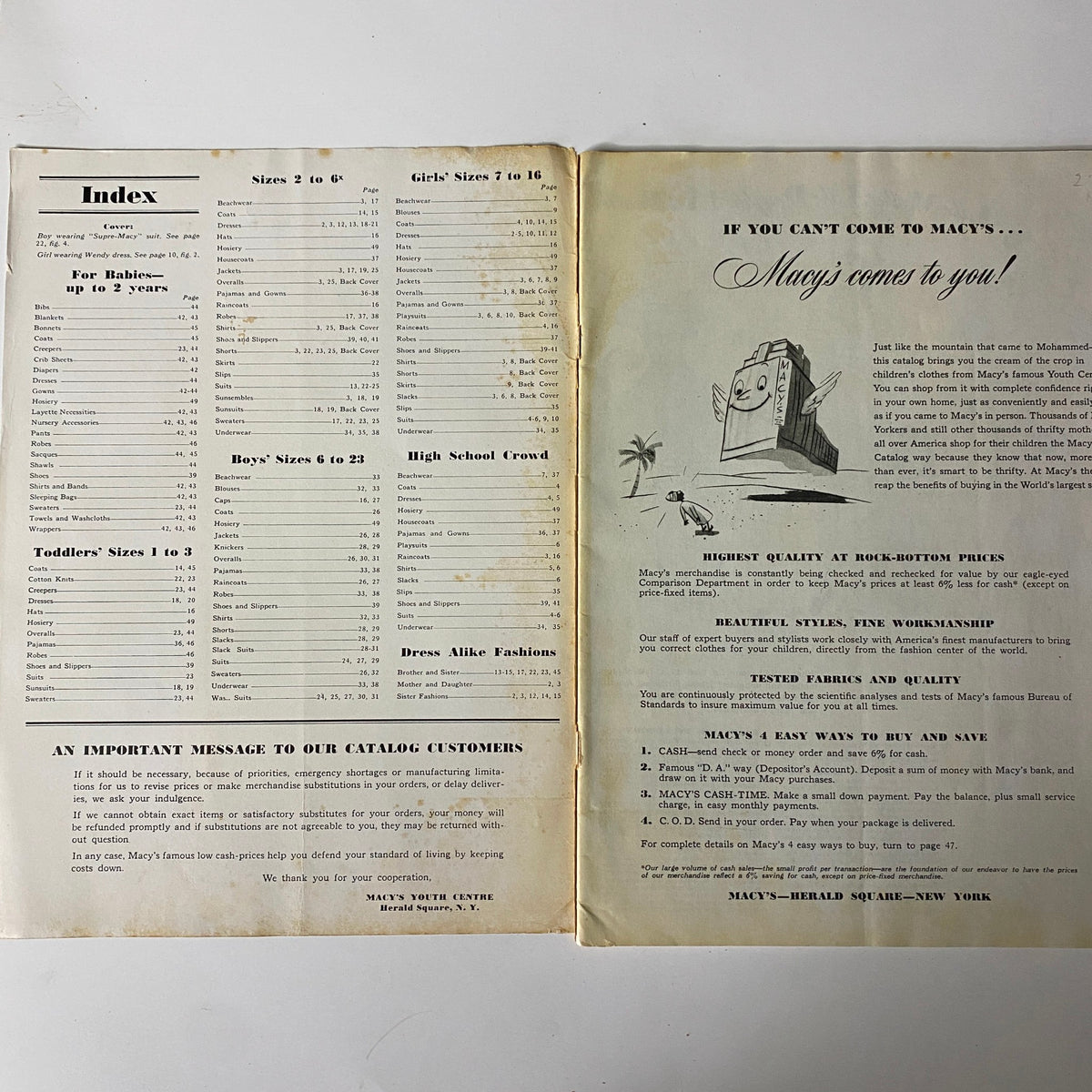 Inside pages of the 1942 Macy's Youth Centre Spring and Summer Catalog showcasing an index and details about ordering, emphasizing Macy's commitment to high-quality fashion during the wartime era.