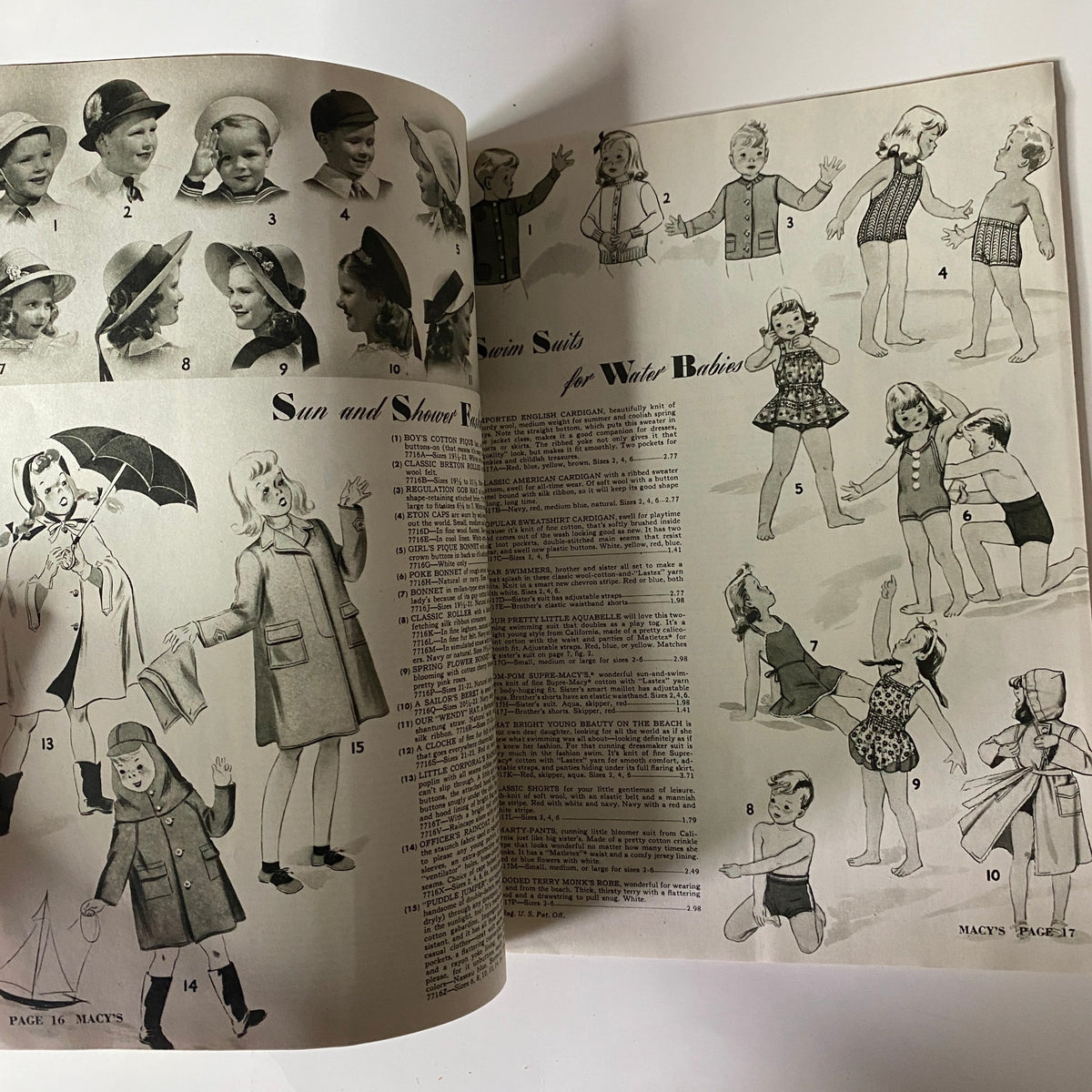 Detailed pages from the 1942 Macy's Youth Centre Spring and Summer Catalog featuring children's swimwear and outdoor attire, illustrating practical and stylish options for young boys and girls.