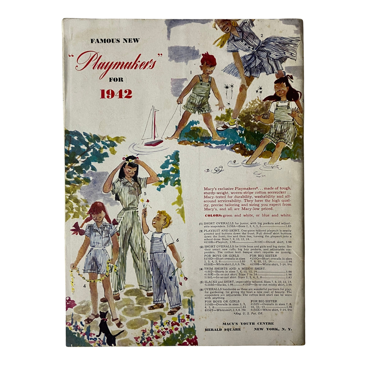 1942 Macy's Youth Centre Spring and Summer Catalog cover with colorful illustrations of children in playful outfits, promoting the famous 'Playmates' collection for that year.