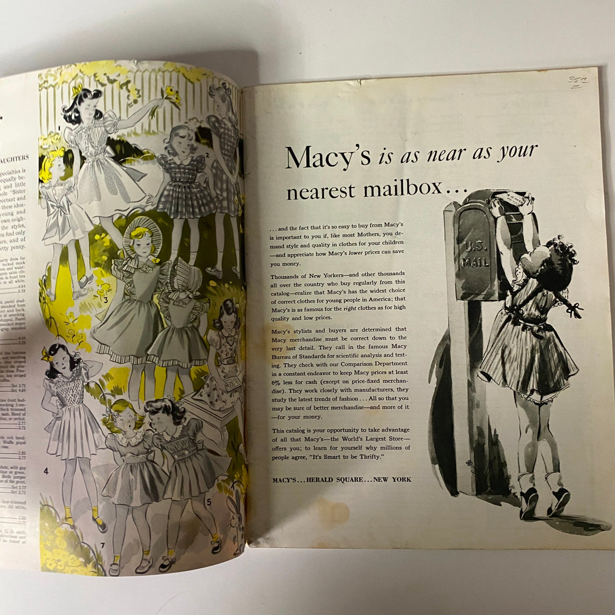 1941 Macy's Youth Centre Spring and Summer Catalog page featuring illustrations of girls in matching dresses, promoting mother and daughter fashion. A vintage representation of 1940s children's wear.