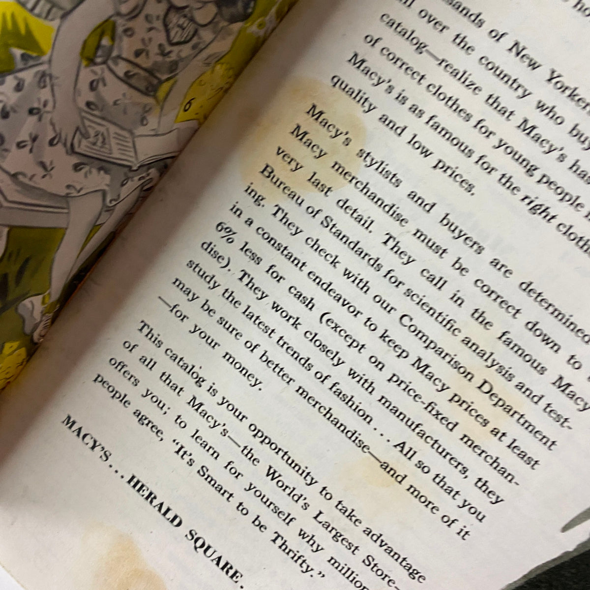 Close-up of 1941 Macy's Youth Centre Spring and Summer Catalog page highlighting text on Macy's fashion policies and merchandise selection for children. Insight into 1940s retail strategies.