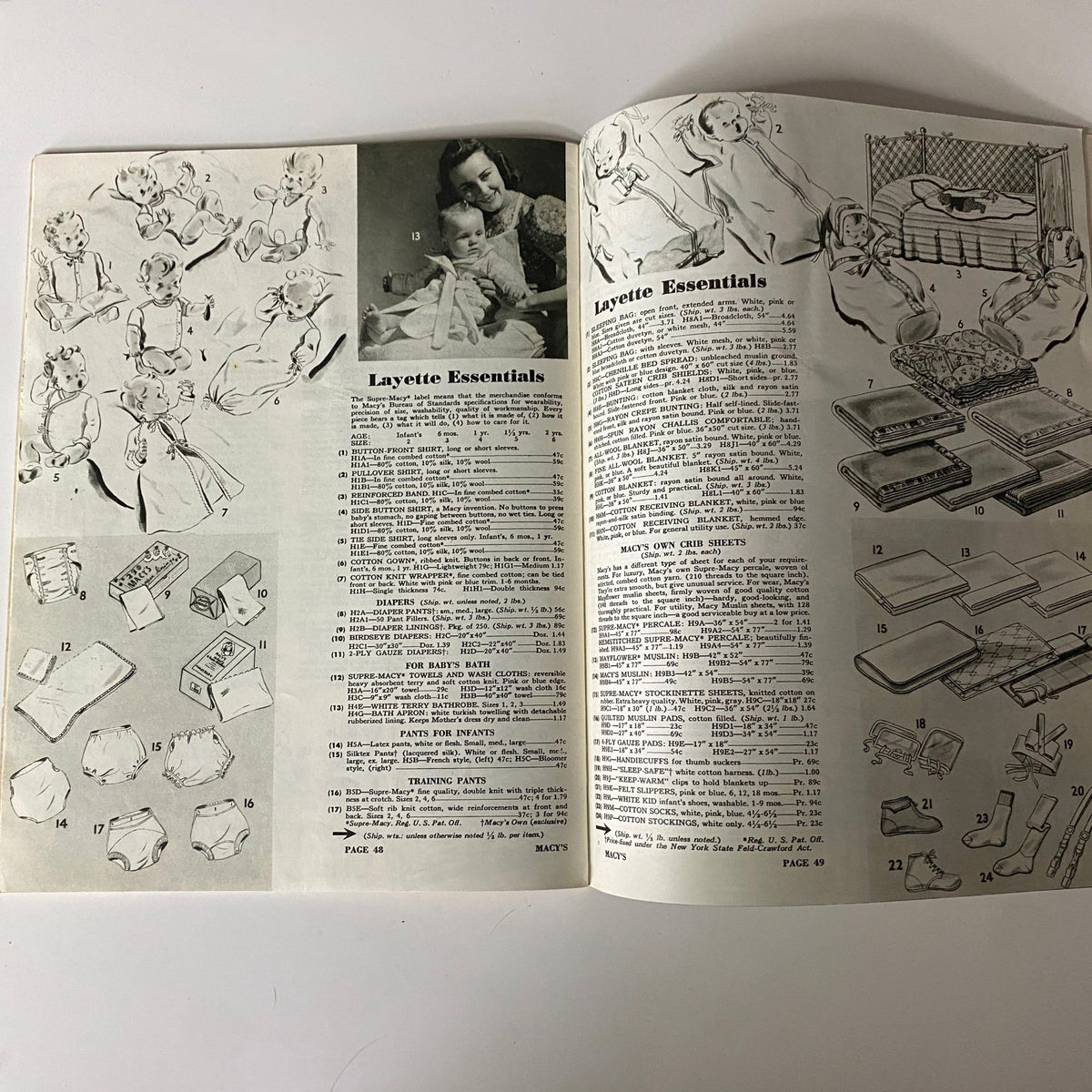 1941 Macy's Youth Centre Spring and Summer Catalog page displaying layette essentials for newborns, including illustrations of various baby products and clothing.