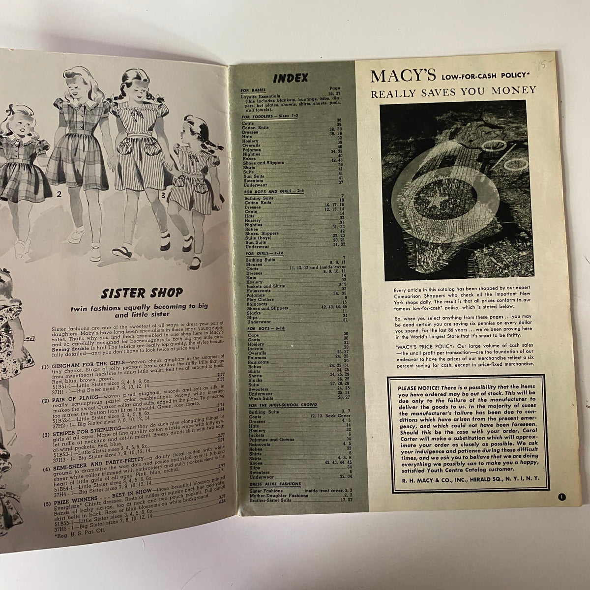 Inside page of the 1944 Macy's Youth Centre Spring and Summer Catalog featuring the index and details on the Sister Shop collection, highlighting twin fashions for big and little sisters.