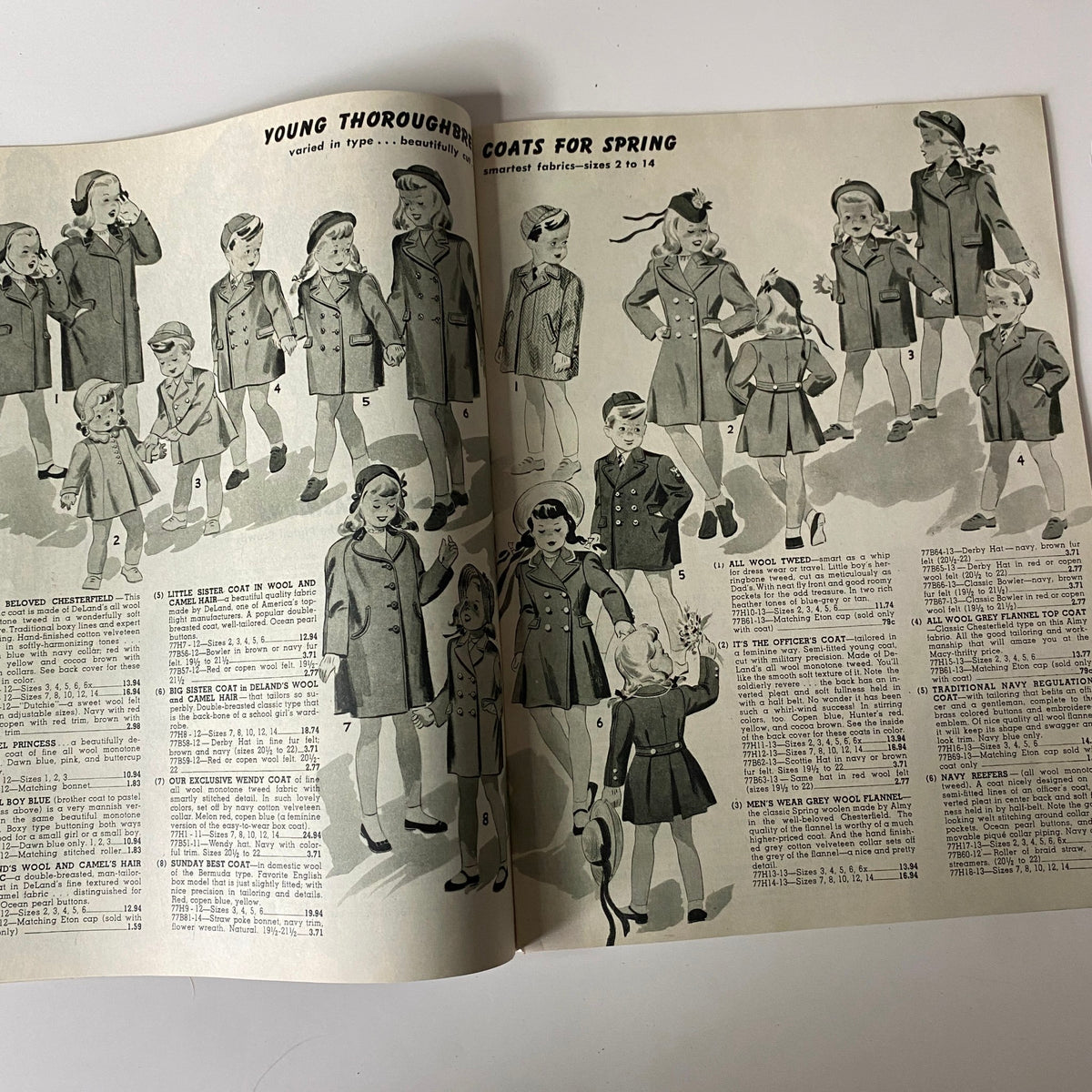1944 Macy's Youth Centre Spring and Summer Catalog illustration featuring young children in stylish coats for spring, showcasing various designs and matched outfits.