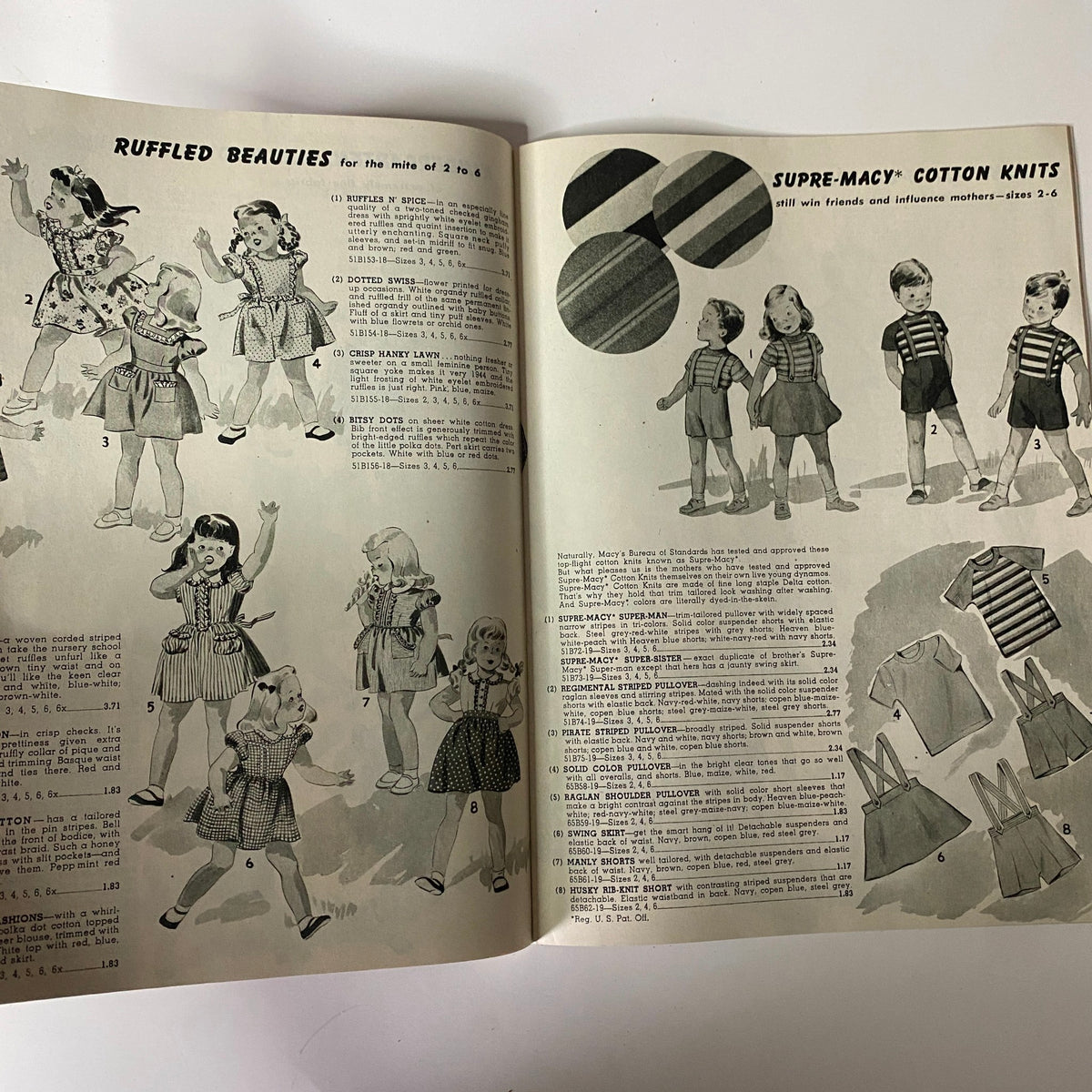 1944 Macy's Youth Centre Spring and Summer Catalog image displaying 'Ruffled Beauties' attire for girls aged 2 to 6, including dresses and accessories made from cotton knits.