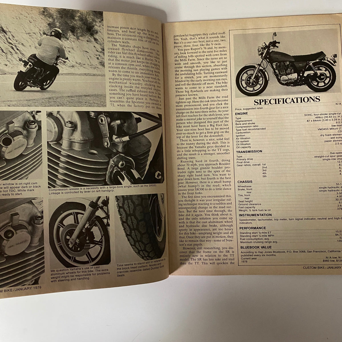 Interior pages of Custom Bike Magazine January 1979 showcasing an article about the Yamaha SR500 and specifications alongside motorcycle images.