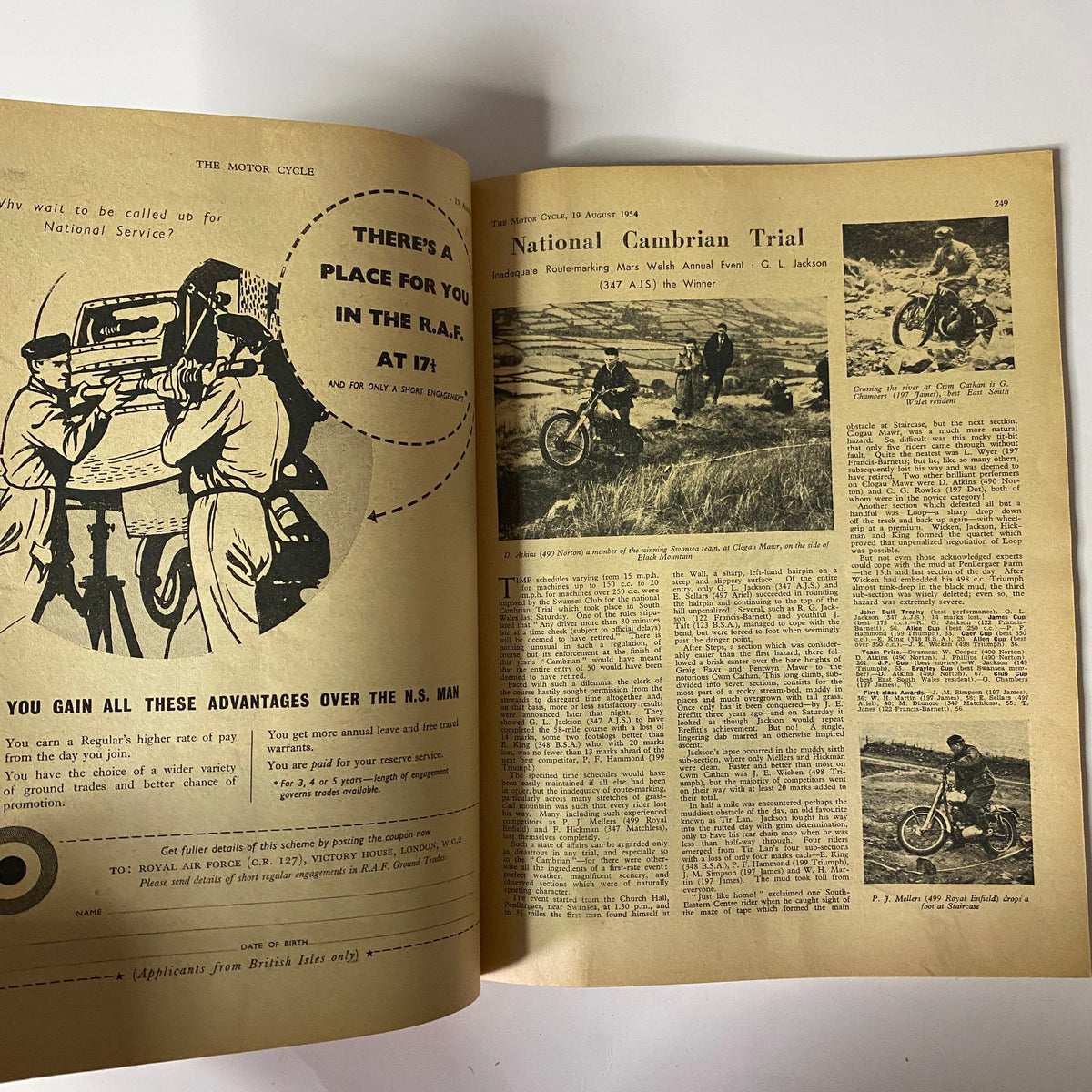 A featured article from The Motor Cycle Magazine August 19, 1954, showcasing the National Cambrian Trial with illustrations of riders and motorcycles.