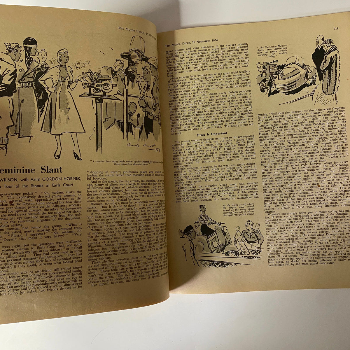 Interior pages of The Motor Cycle Magazine November 25, 1954 featuring the 'Feminine Slant' column discussing women's involvement in motorcycling.