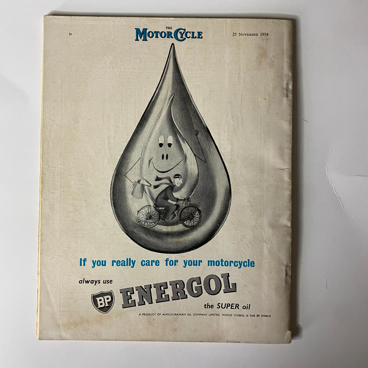 Back cover of The Motor Cycle Magazine November 25, 1954 promoting BP Energol oil for motorcycle care.