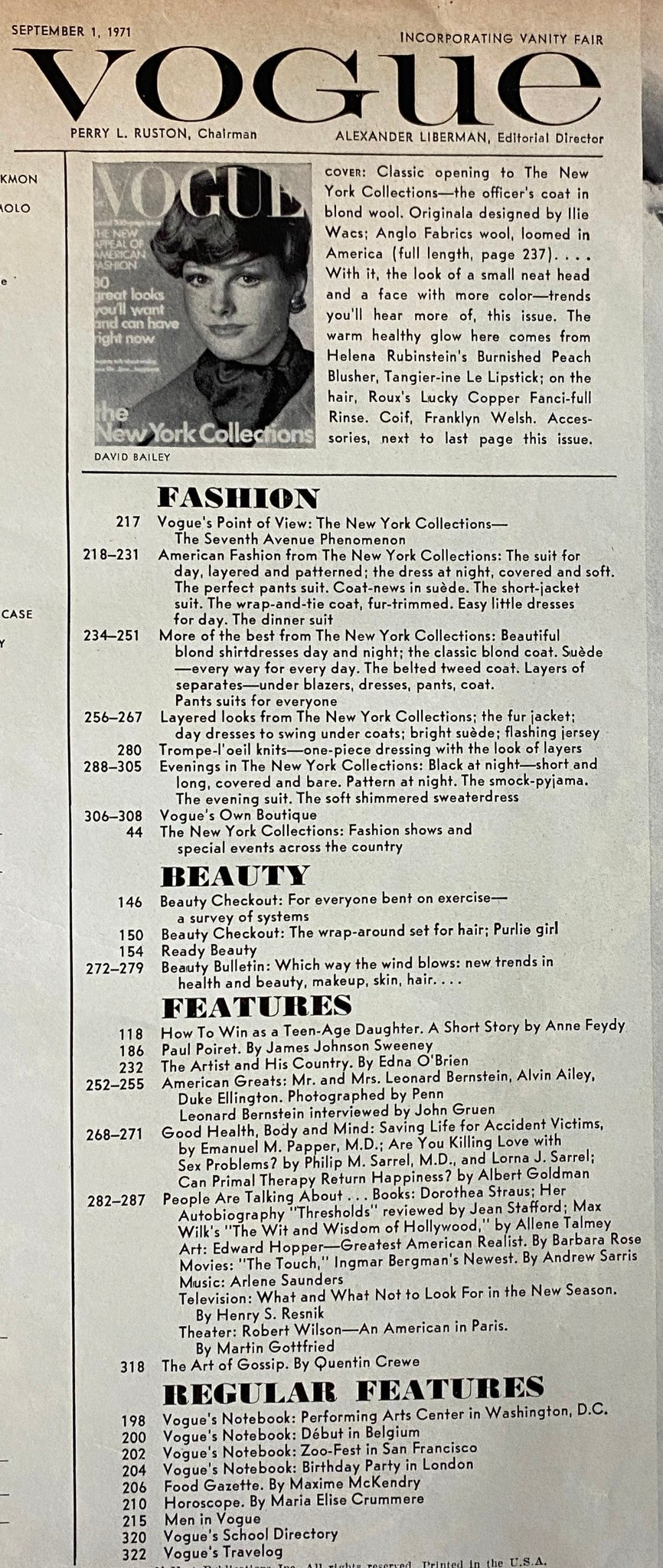 Vogue Magazine September 1, 1971 issue content overview featuring Patricia Dow cover. Includes articles on The New York Collections and fashion trends.