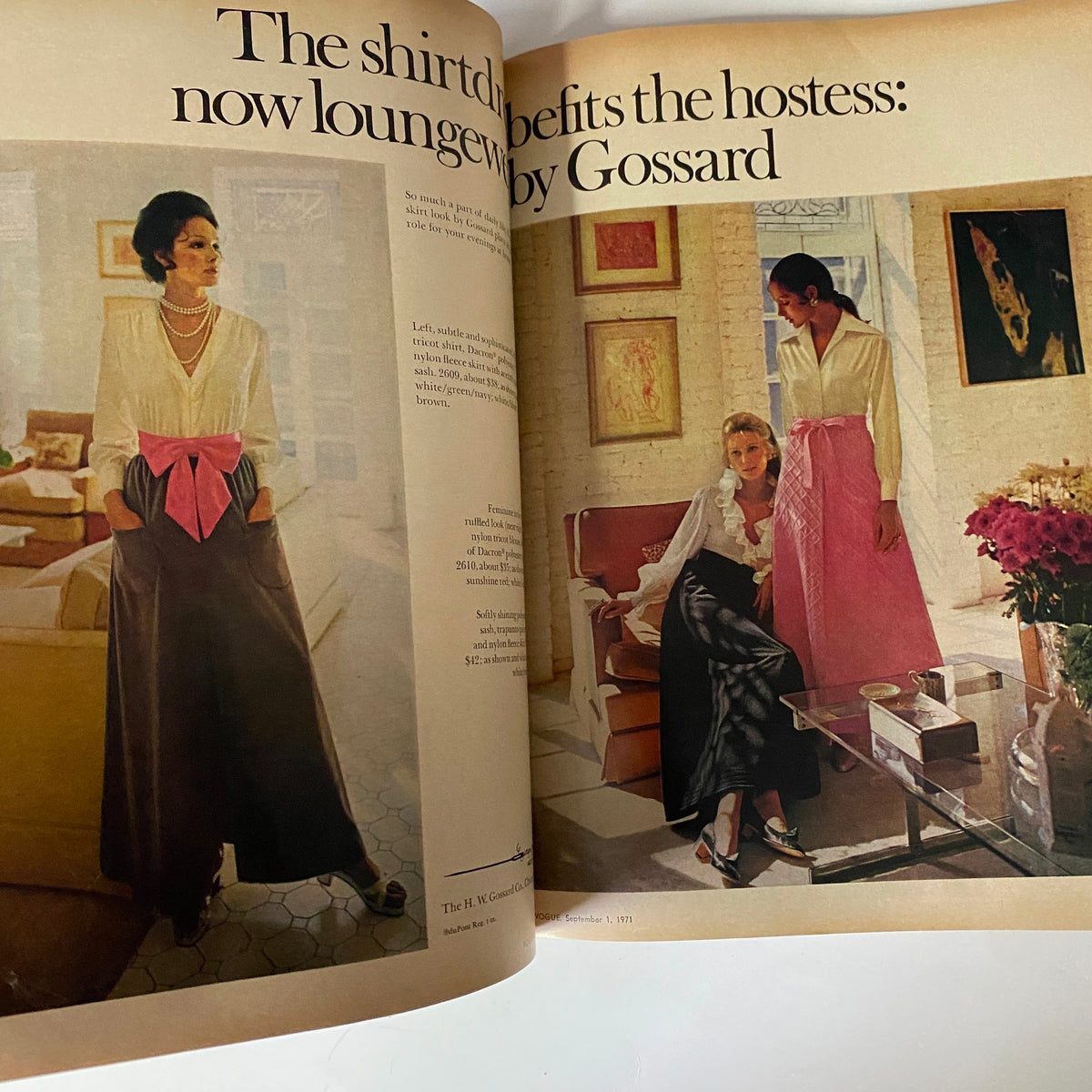 Vogue Magazine September 1, 1971 editorial featuring lounge wear by Gossard, showcasing a stylish setting with models in elegant attire.