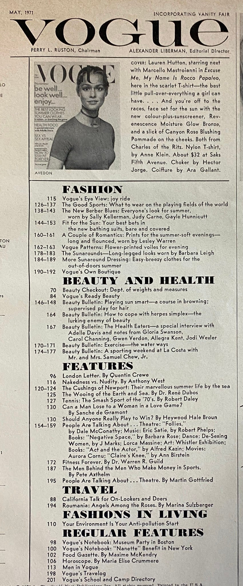 Contents page of Vogue Magazine May 1971, featuring a list of articles including fashion showcases and beauty features, all with a classic typography style.