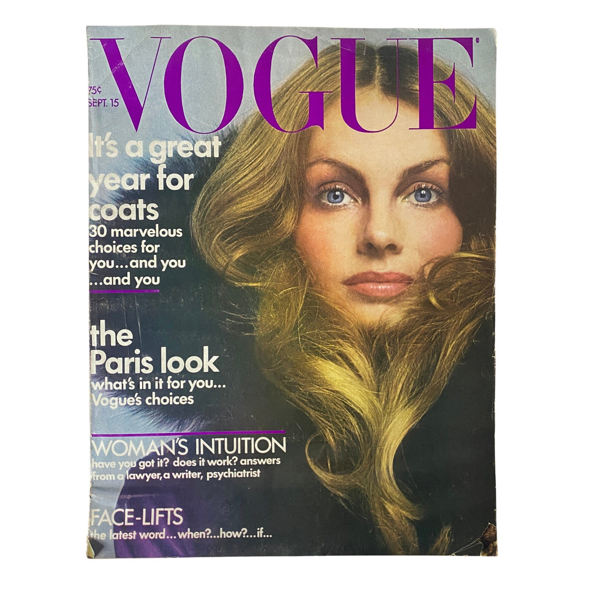 Cover of Vogue Magazine September 15, 1971 featuring Jean Shrimpton with bold text announcing 'It's a great year for coats' and 'The Paris look'.