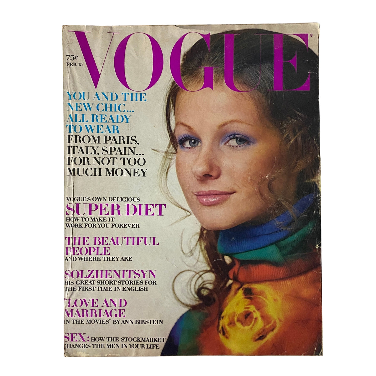 Vogue Magazine February 15, 1971 featuring Susan Forristal on the cover, with striking tie-dyed fashion by Halston, capturing vibrant colors and bold spring trends.