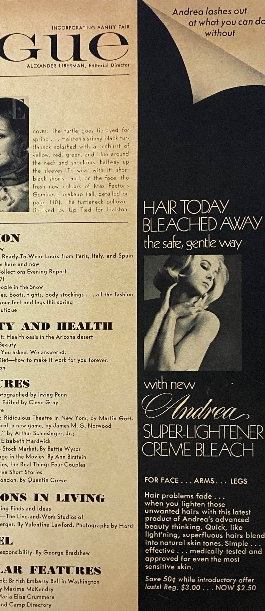 Inside Vogue Magazine February 15, 1971, showcasing an advertisement for Andrea Super-Lightener Creme Bleach, emphasizing hairstyle trends and beauty tips relevant to the era.