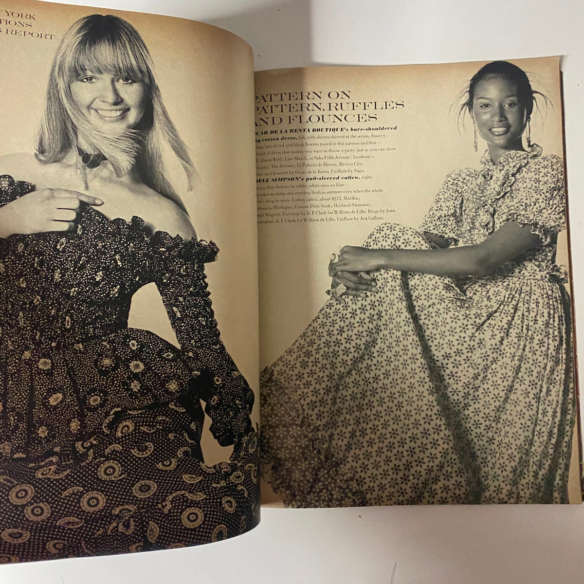 Vogue Magazine February 15, 1971 Susan Forristal Cover No Label, featuring a photograph of models in patterned dresses highlighting the latest fashion trends with an emphasis on ruffles and flounces.