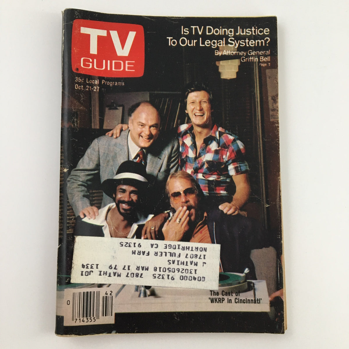 Cover of TV Guide Magazine from October 21, 1978, featuring the cast of WKRP in Cincinnati, showcasing a group of characters and highlighting television's cultural impact during the late 1970s.