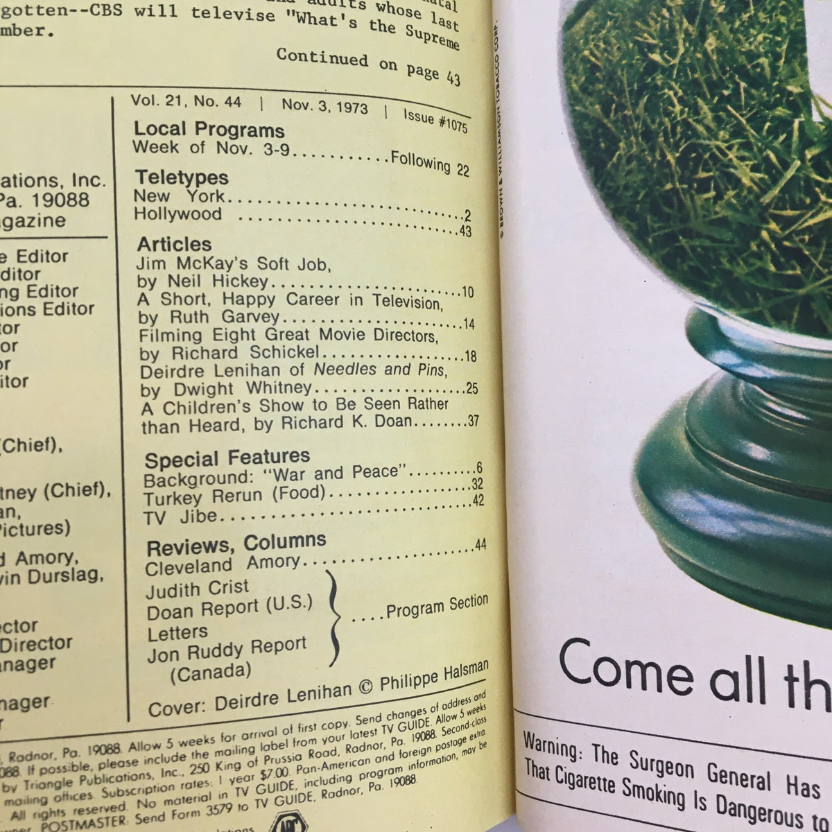 Interior page of TV Guide Magazine November 3, 1973 featuring program listings and articles, including a piece on Deirdre Lenihan from 'Needles & Pins.'