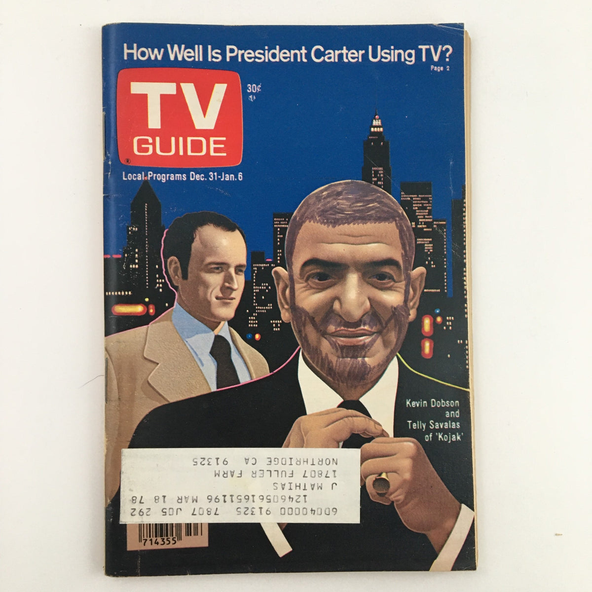 Cover of TV Guide Magazine December 31, 1977, featuring Kevin Dobson and Telly Savalas with a headline about President Carter's use of TV, showcasing vintage television culture.