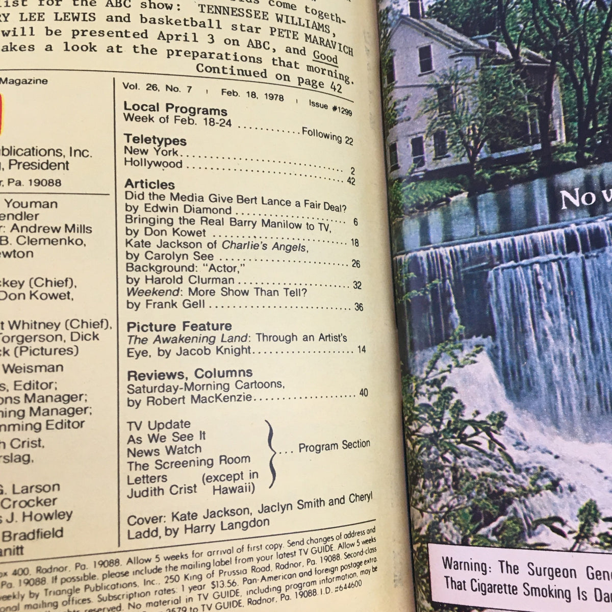 Interior page of TV Guide Magazine February 18 1978 displaying contents and articles including features on Charlie's Angels cast member Kate Jackson.