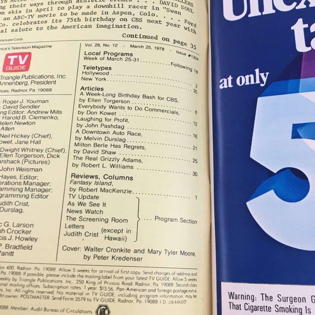 Interior page of TV Guide Magazine from March 25, 1978, featuring articles and programming listed, with a focus on Walter Cronkite and Mary Tyler Moore.
