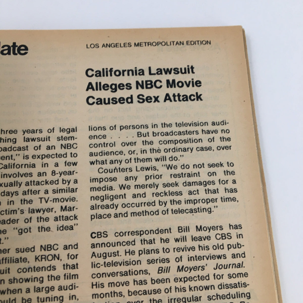 California Lawsuit Allegations featured in TV Guide Magazine March 25 1978, Los Angeles Edition. The article discusses a lawsuit claiming that an NBC movie caused sexual assault, highlighting legal issues in media influence on audiences.