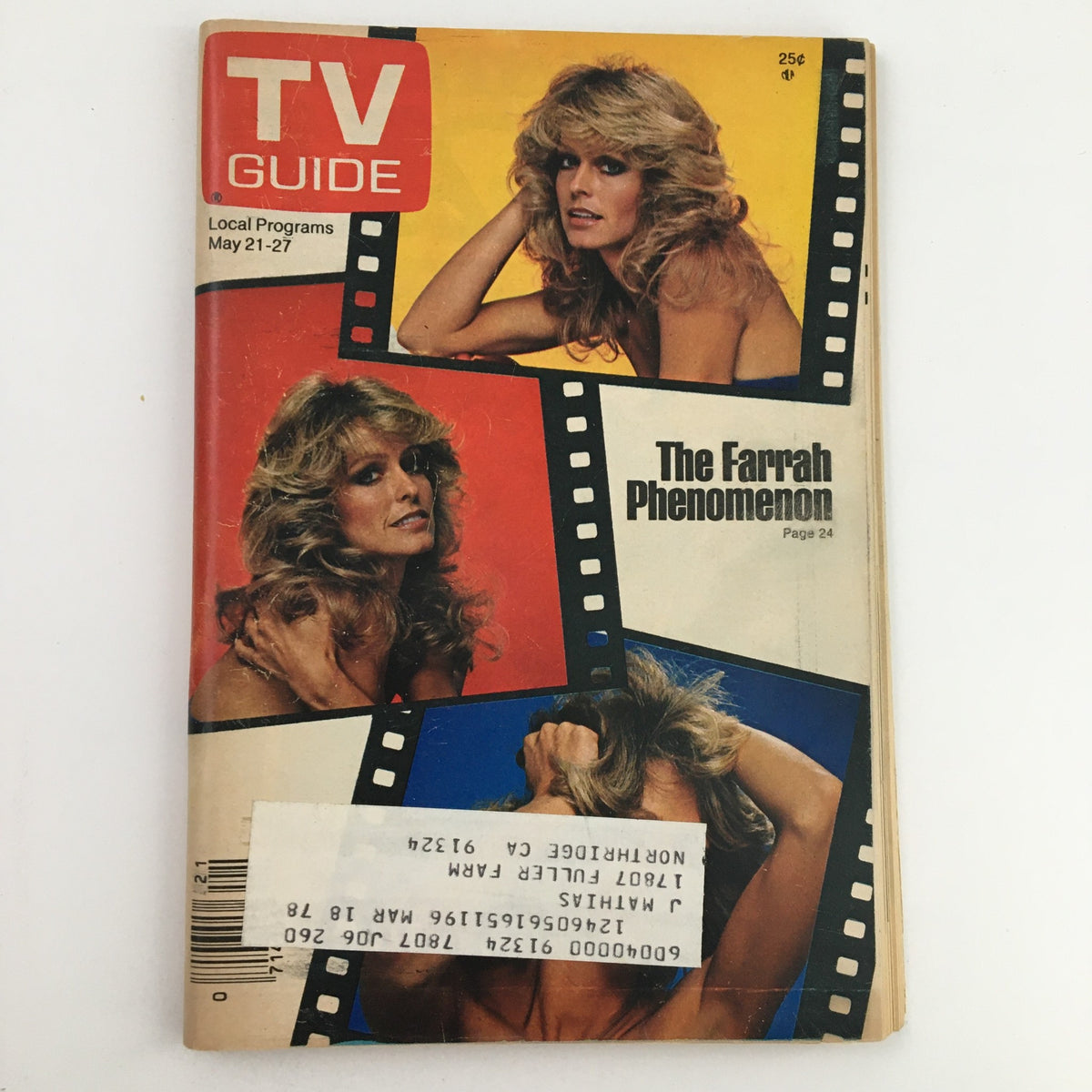 TV Guide Magazine cover from May 21, 1977 featuring The Farrah Fawcett-Majors Phenomenon. The vibrant cover showcases iconic images of Farrah Fawcett, emphasizing her status as a pop culture symbol during the 1970s.