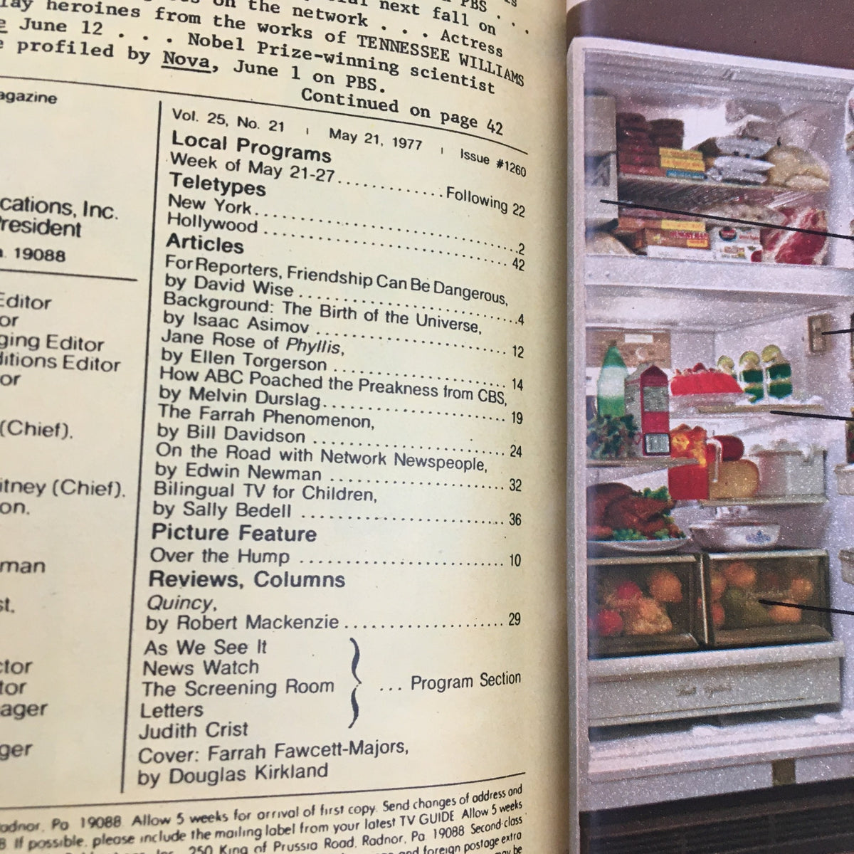 Contents page of TV Guide Magazine May 21, 1977, outlining local programs and articles, including a feature on The Farrah Phenomenon. This page illustrates the magazine's engagement with the key television topics of the era.