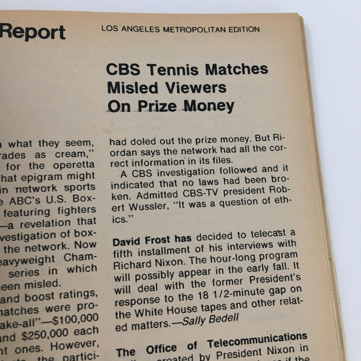 An article from TV Guide Magazine May 21, 1977 discussing CBS tennis matches and their impact on viewers. The text highlights the magazine's comprehensive coverage of television industry issues during a transformative period.