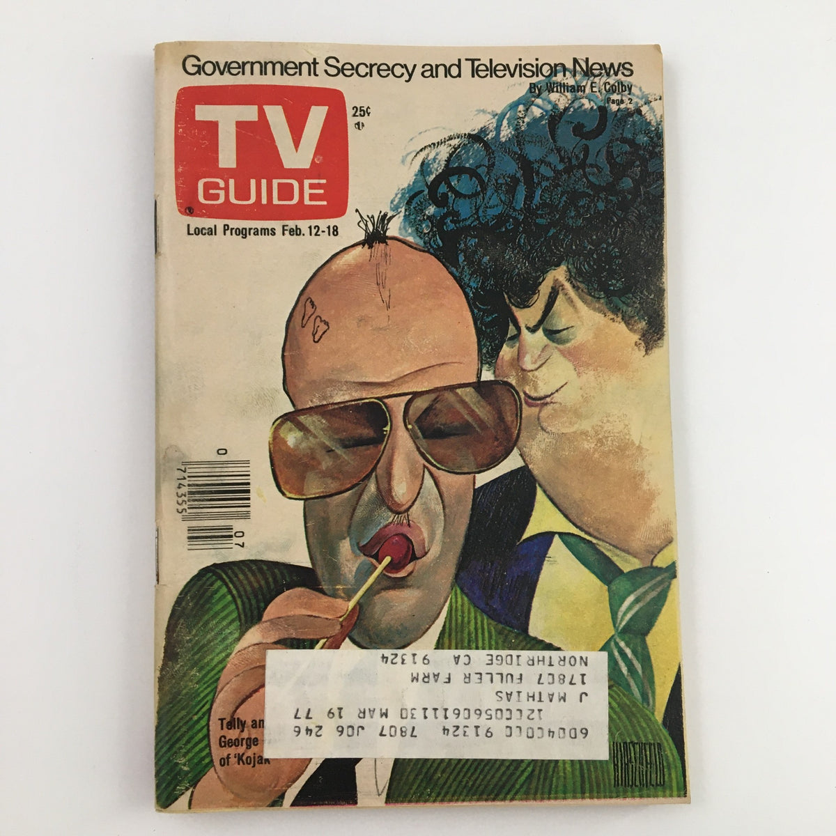 TV Guide Magazine cover from February 12, 1977, featuring Telly and George Savalas, Los Angeles edition, showcasing an artistic illustration of the iconic brothers.