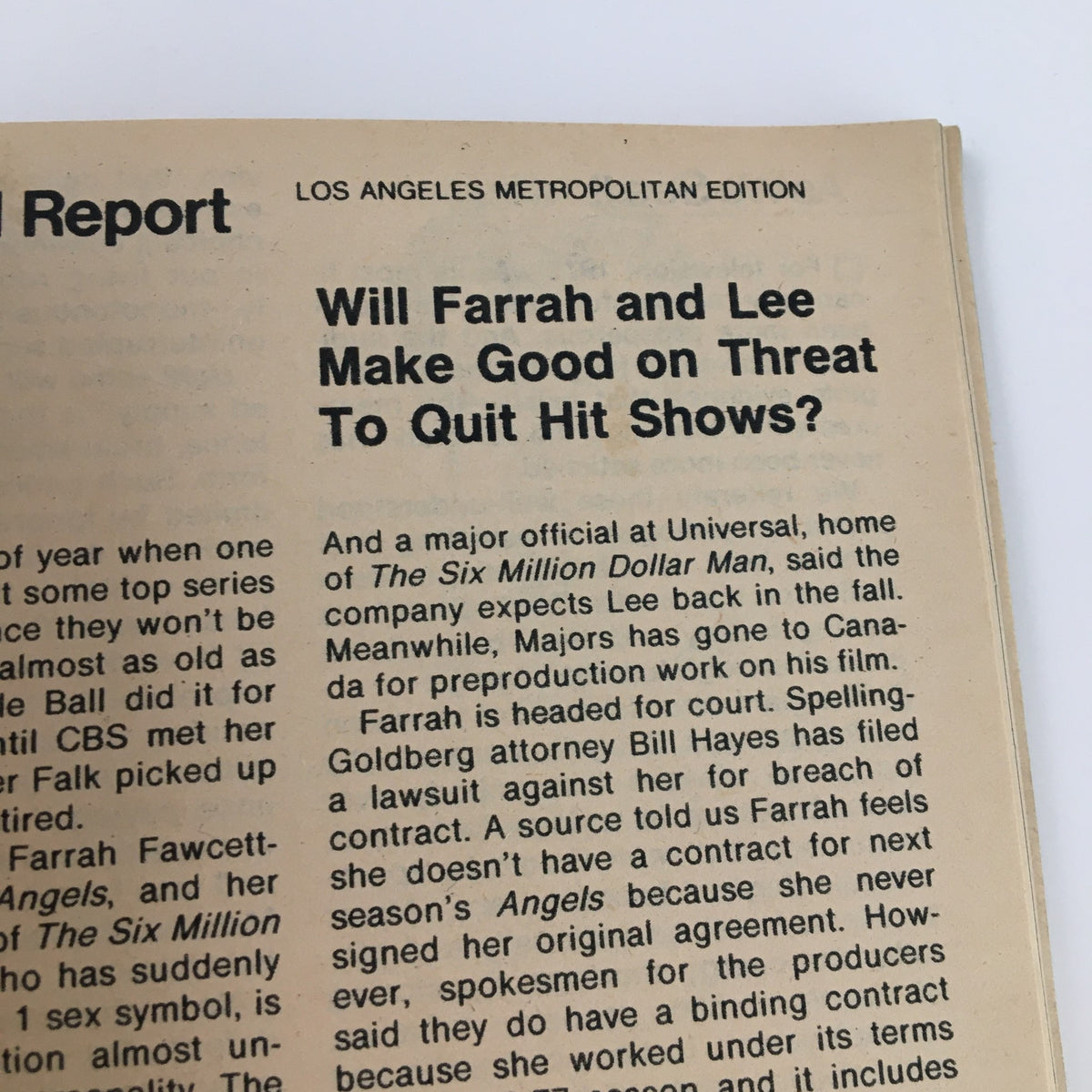 Article page from TV Guide Magazine March 26, 1977, discussing entertainment news, highlighting potential actions of stars Farrah Fawcett and Lee Majors.