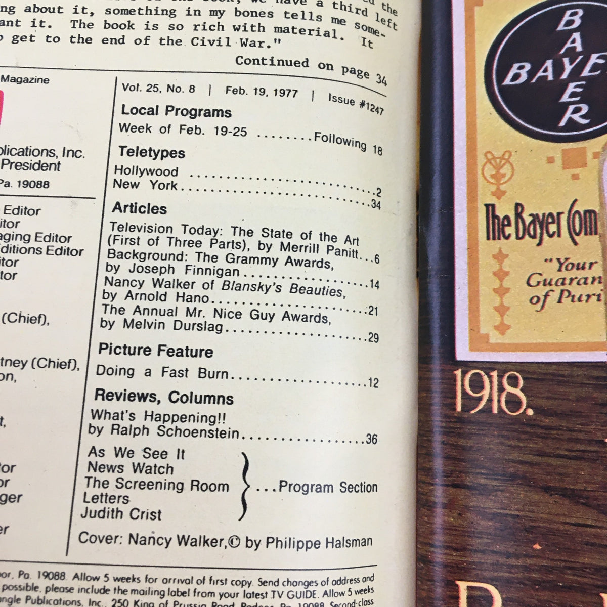 Inside page of TV Guide Magazine from February 19, 1977, listing articles including a feature on Nancy Walker in 'Blansky's Beauties' and providing insights into the entertainment industry's landscape of the time.