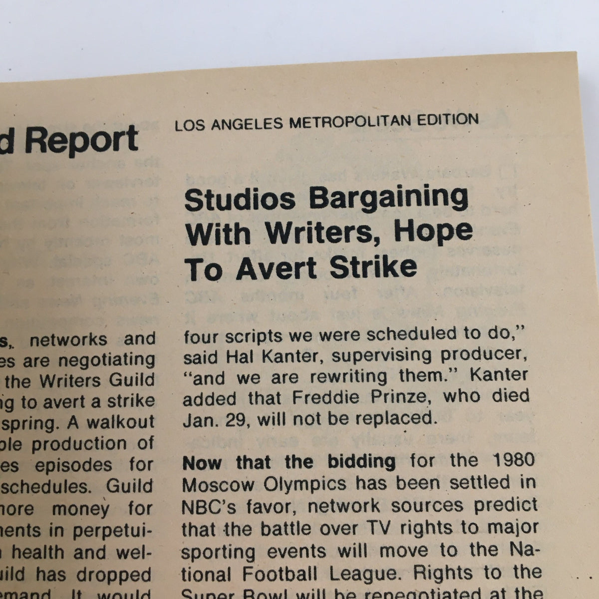Article excerpt from TV Guide Magazine February 19, 1977, discussing negotiations between studios and writers to avert a strike, reflecting the entertainment industry challenges during that era.