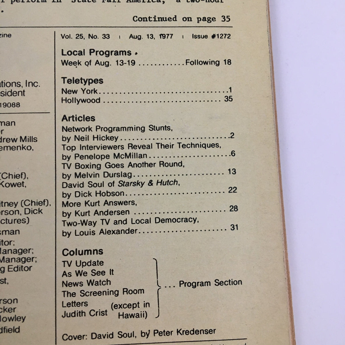 Inside page of TV Guide Magazine August 13 1977 listing articles, including 'David Soul of Starsky & Hutch', highlighting key features and contributors of the issue.