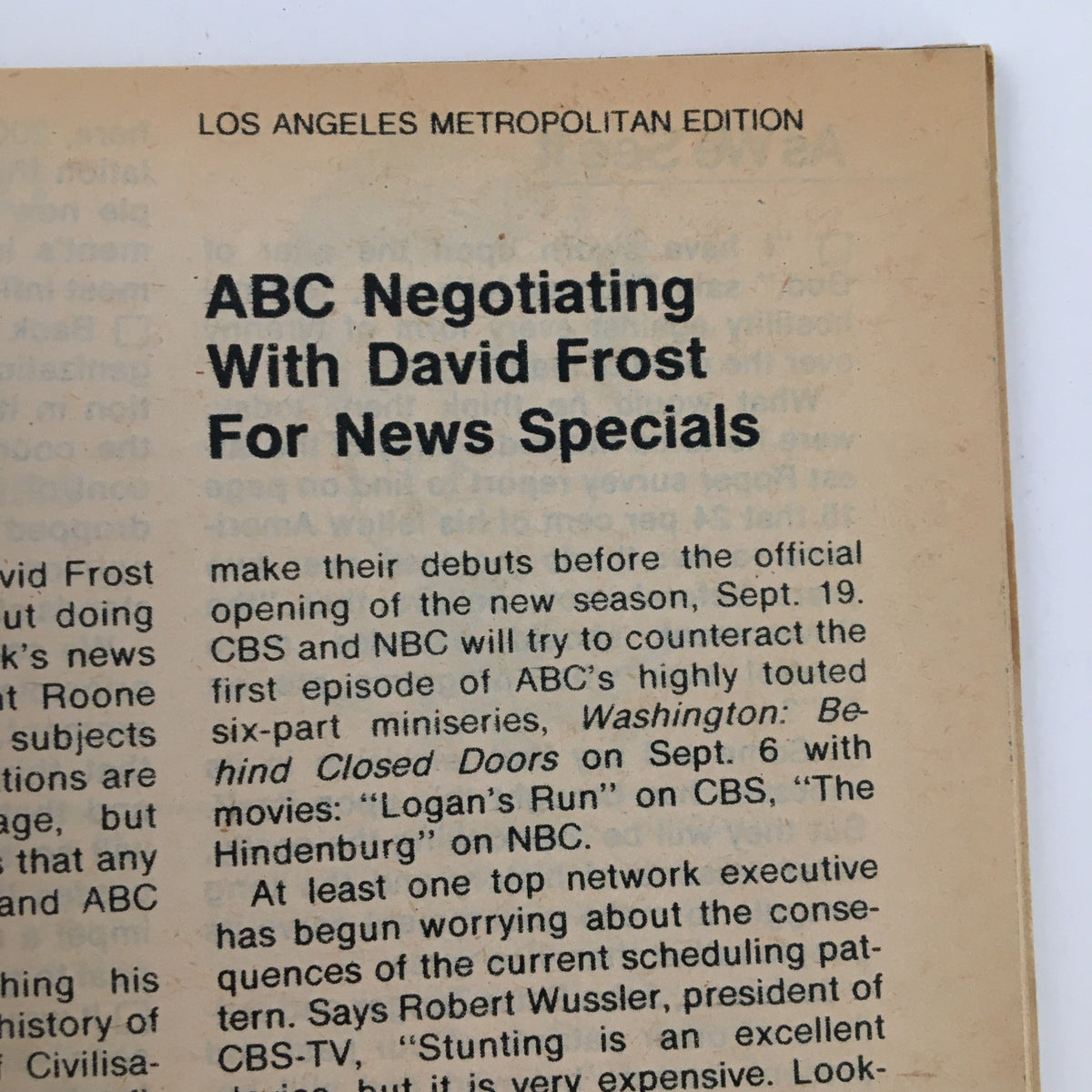 Article excerpt from TV Guide Magazine August 13 1977 discussing ABC's negotiation with David Frost for news specials, reflecting on television trends during that era.