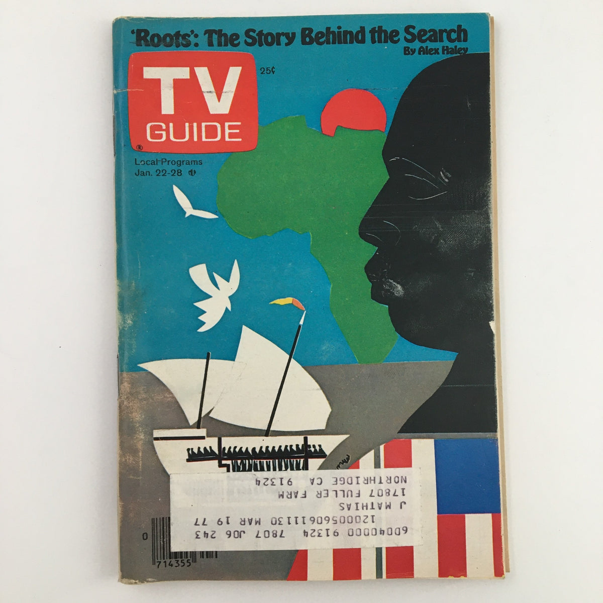 Cover of TV Guide Magazine January 22, 1977 featuring 'Roots: The Story Behind the Search', showcasing vibrant graphics including a silhouette, ship, and artistic elements.