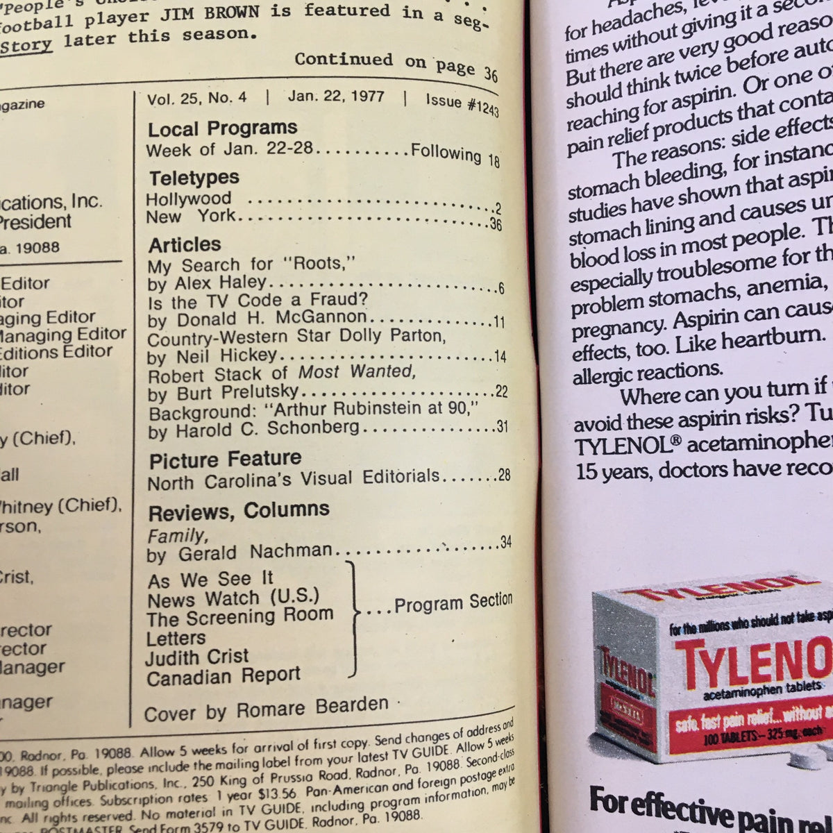 Inside page of TV Guide Magazine January 22, 1977, listing articles and columns, including a feature on 'Roots: The Story Behind the Search'.