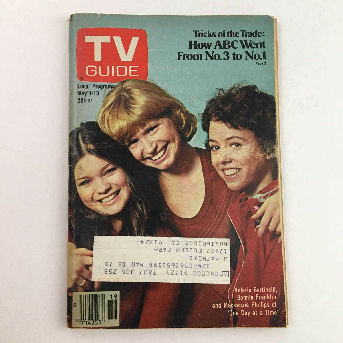 Cover of TV Guide Magazine May 7 1977 featuring the cast of One Day at a Time, showcasing Valerie Bertinelli, Bonnie Franklin, and Mackenzie Phillips in vibrant colors.