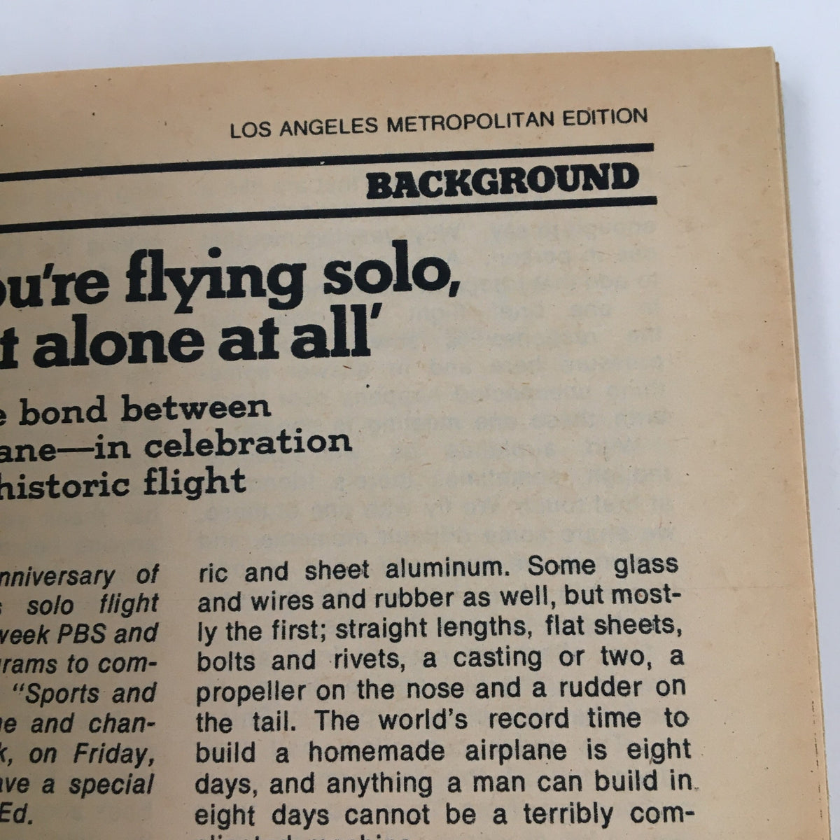 Image from TV Guide Magazine May 14, 1977 featuring an article with the title 'You’re flying solo, but not alone at all' discussing the bond between man and airplane in celebration of a historic flight. This article captures the essence of aviation history during the late 1970s.
