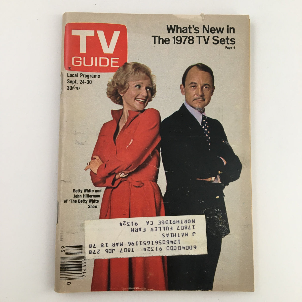 TV Guide Magazine September 24 1977 featuring Betty White and John Hillerman on the cover. This Los Angeles edition showcases the television landscape of the late 1970s, promoting nostalgic vintage memorabilia.
