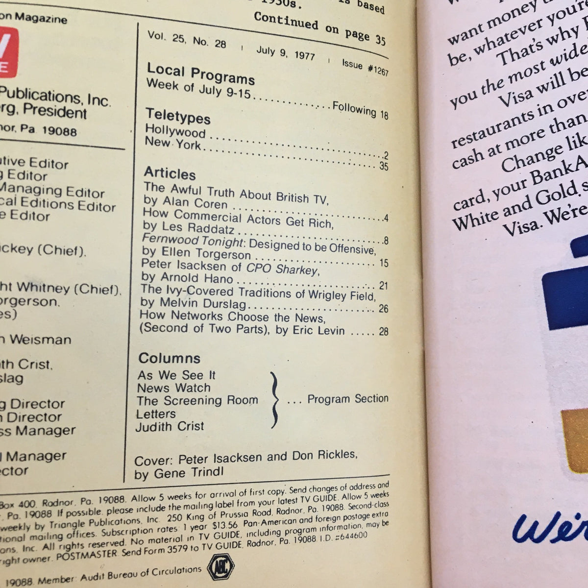 Inner page of TV Guide Magazine July 9 1977, detailing articles including 'The Awful Truth About British TV' and featuring a cover mention of Don Rickles and Peter Isacksen.