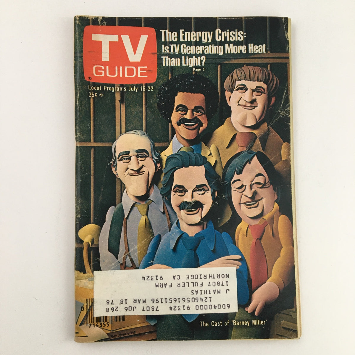 TV Guide Magazine July 16 1977 featuring the cast of Barney Miller on the cover, showcasing an illustration of the characters in a comedic style. A price tag of 25 cents and the publication issue details are visible.