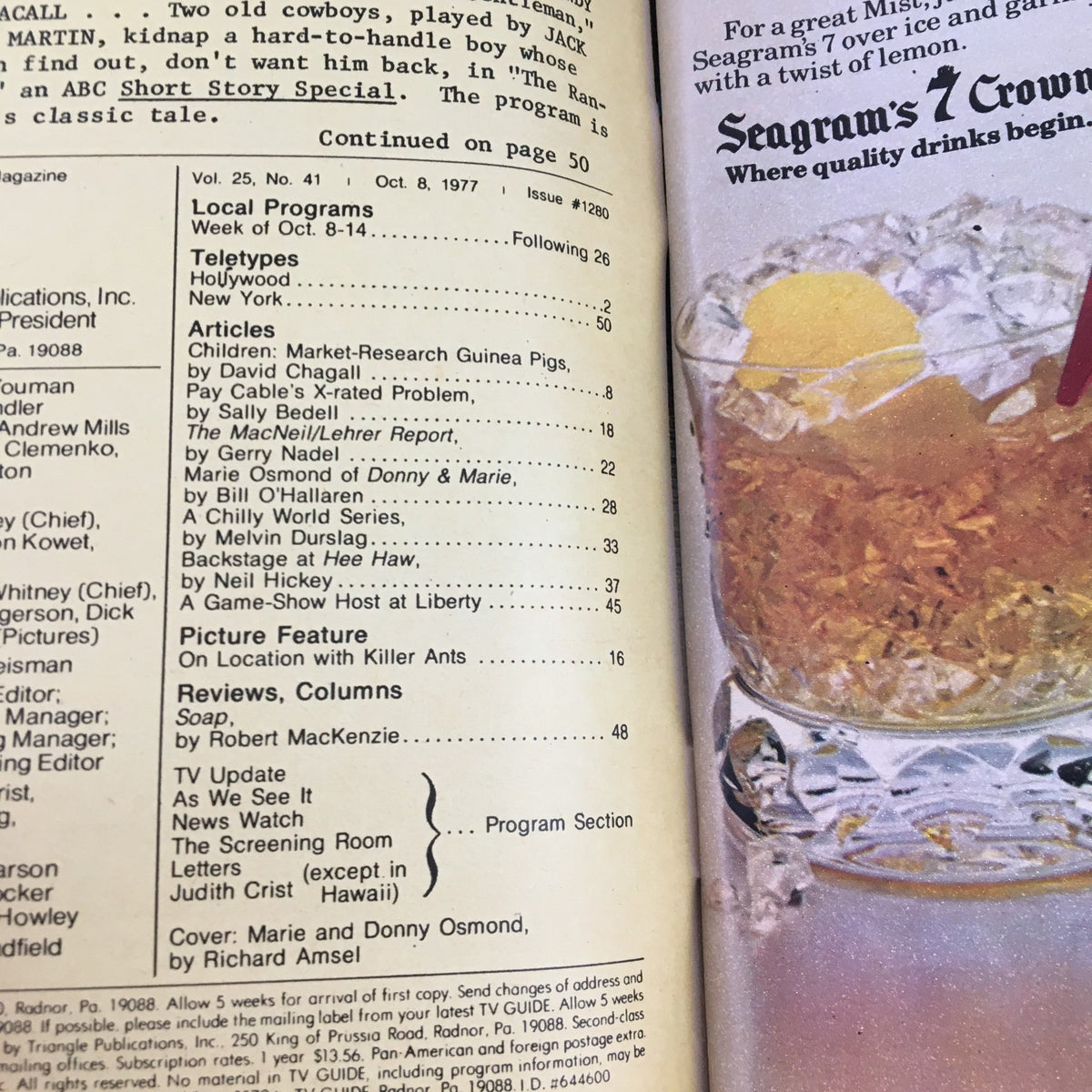 Inside page of TV Guide Magazine October 8 1977 showing local programming details and articles including one on Marie Osmond from Donny & Marie.