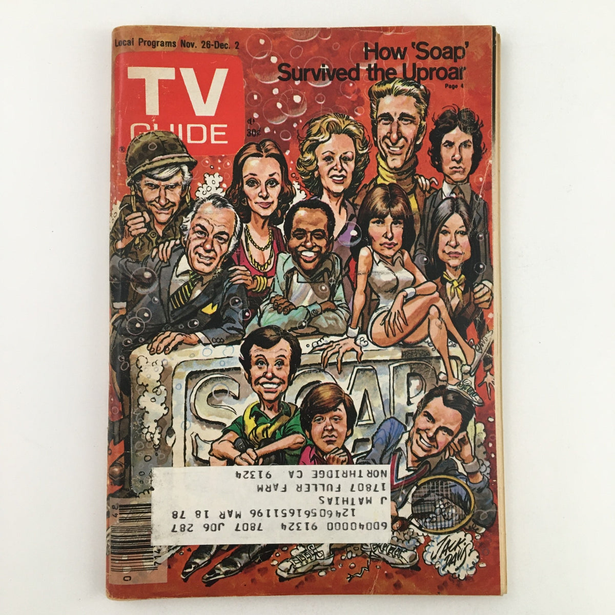 Cover of TV Guide Magazine November 26 1977 featuring the cast of Soap, showcasing vibrant illustrations and headlines about the show's impact.